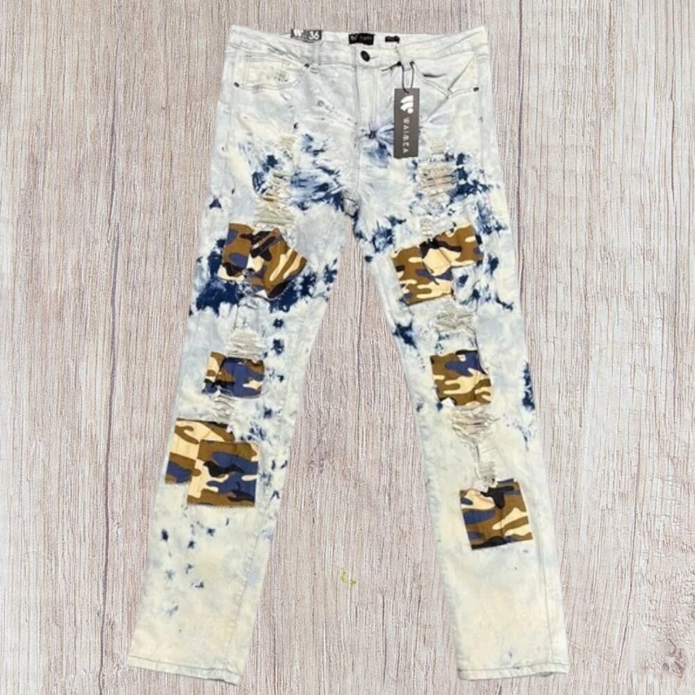 NWT Waimea Blue Tie Dye Wash Patchwork Distressed Skinny Fit Men's Jeans Size 36